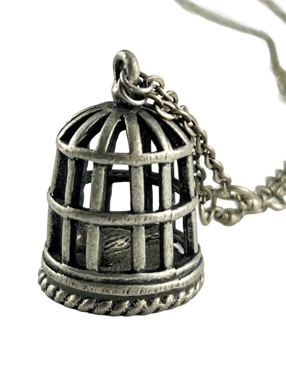 Vintage Style Birdcage Pendant Necklace — Matte Silver Tone